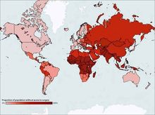 Fractie van de bevolking zonder toegang tot chirurgische zorg. Uit: Global Surgery 2030 (Meara et al.)(1), Global Surgery 2030 